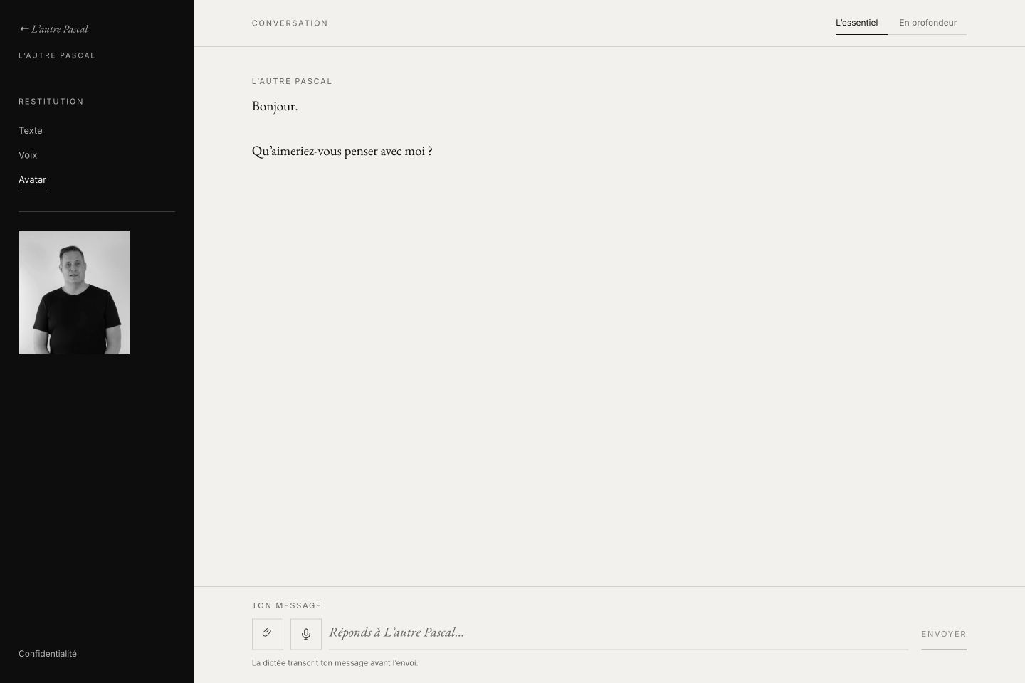 Démonstration de la conversation de L’autre Pascal : accueil invité, avatar et champ de réponse.
